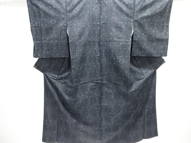 JAPANESE KIMONO / ANTIQUE KIMONO / SILK / HAND WOVEN TSUMUGI / GRID & FLORAL CREST